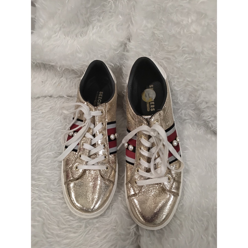 Skechers Women's Gold Glitter Lace Up Sneakers with Pearls and Stripes Size 8